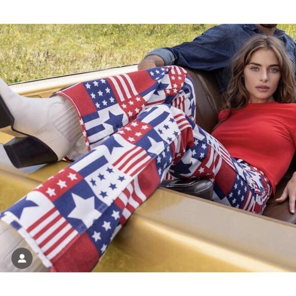 NWT Wrangler Hig Rise Boot Retro American Flag Patchwork Flare Pants 29/32 - Picture 1 of 16